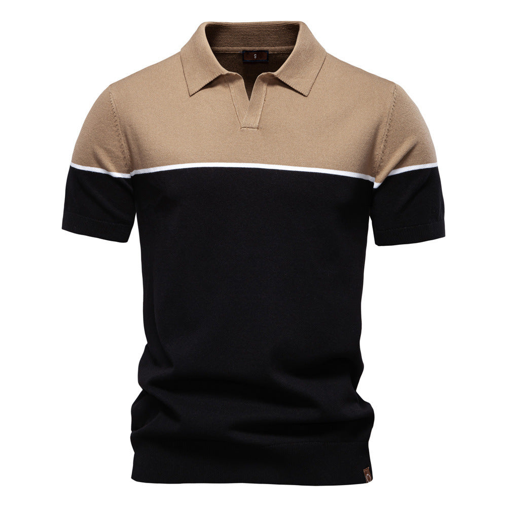 Casual Color-Block Lapel Short-Sleeve Knitted Shirt