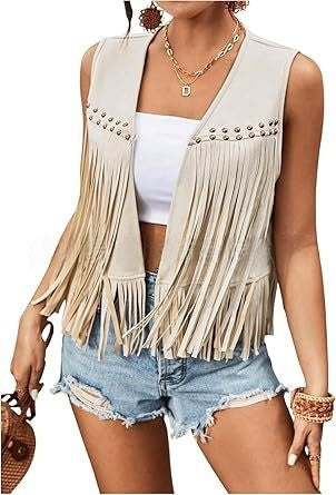Womens Tassel Sleeveless Vest With Suede Tassels