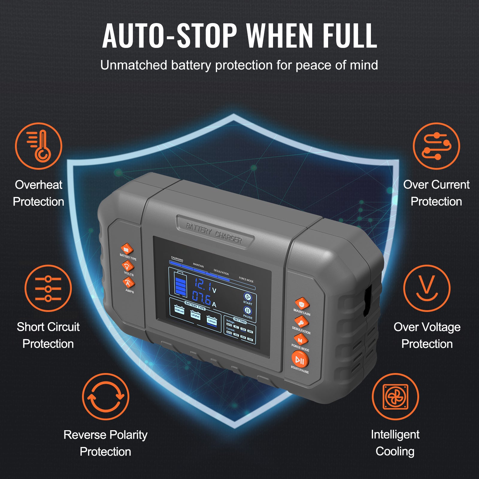 VEVOR Smart Battery Charger features auto-stop when full and unmatched battery protection for safety.