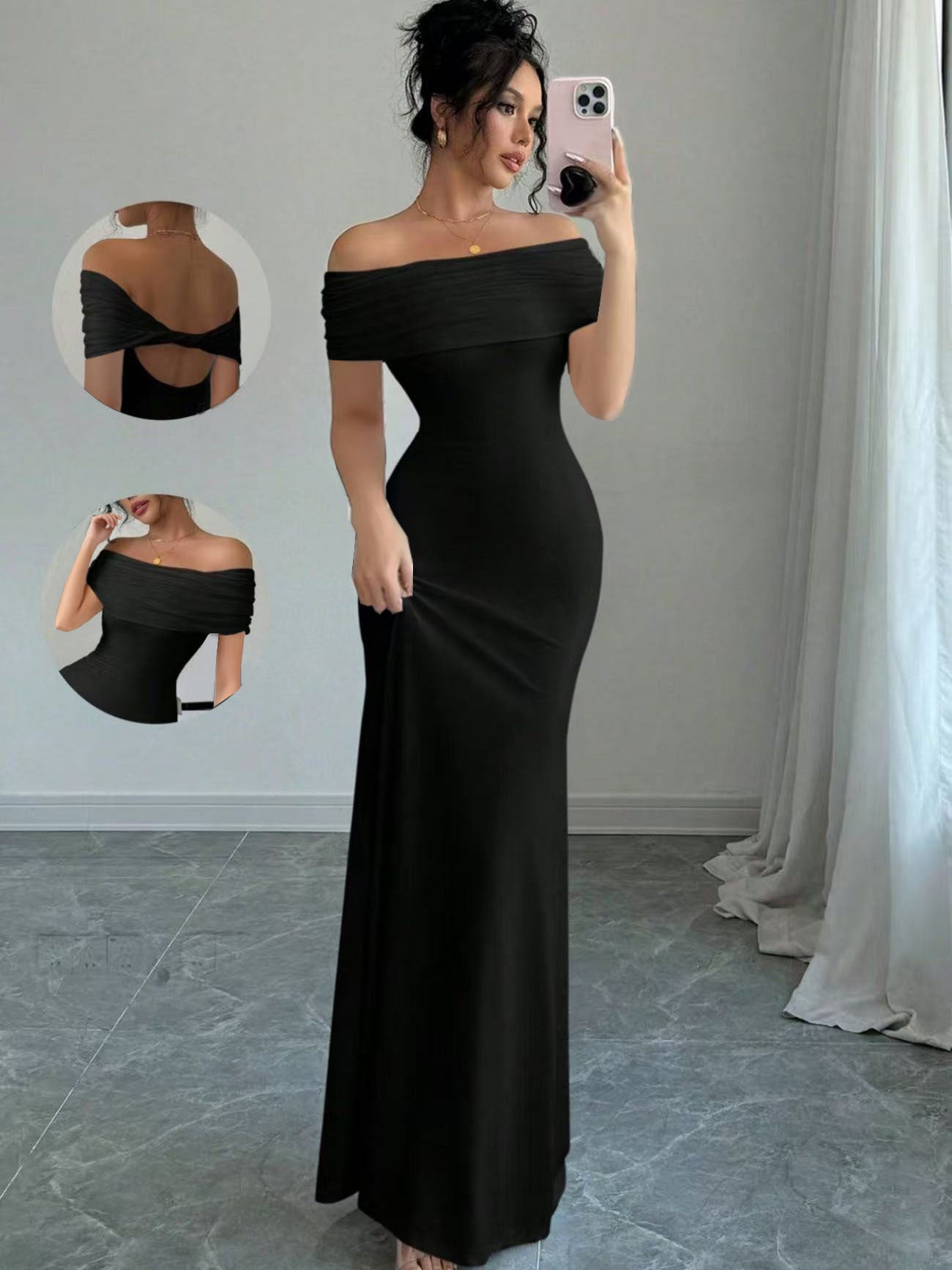 Womens Solid-Colored Sleeveless Off-Shoulder Fashionable Sheath Dress