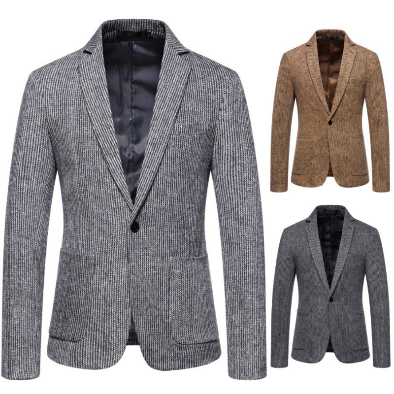 Simple Mens Fashionable Business-Casual Korean-Style Striped Wool Blazer