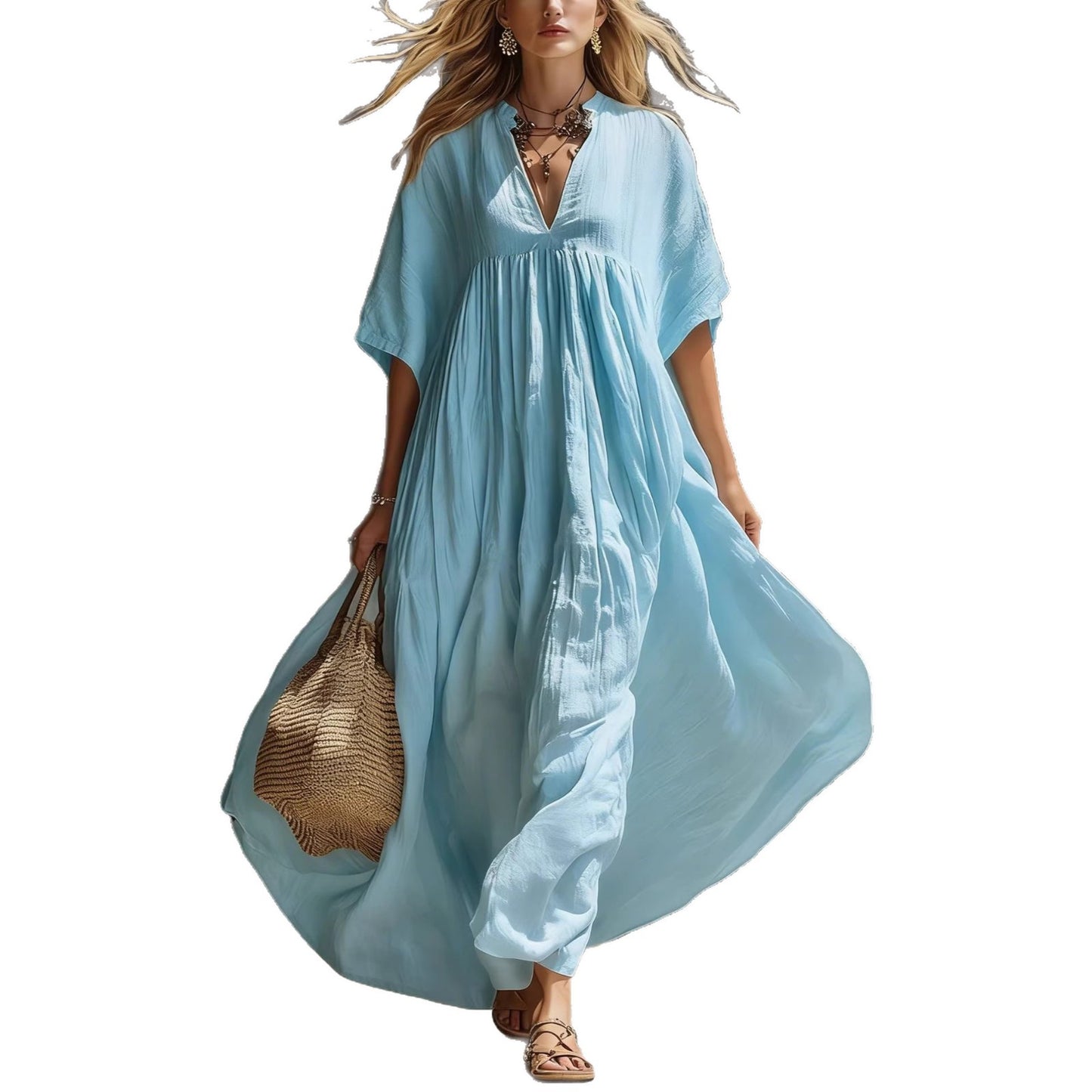 Summer Solid-Color Loose Beach Vacation Long V-Neck Dress