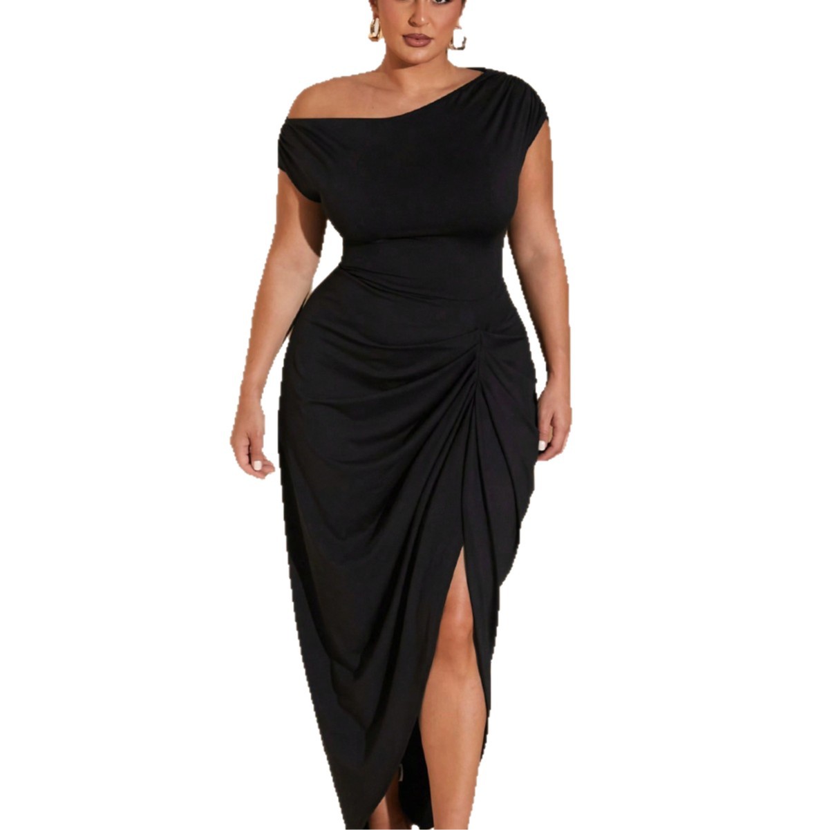 Waist-cinched Knot-front Slit Short-sleeve Dress