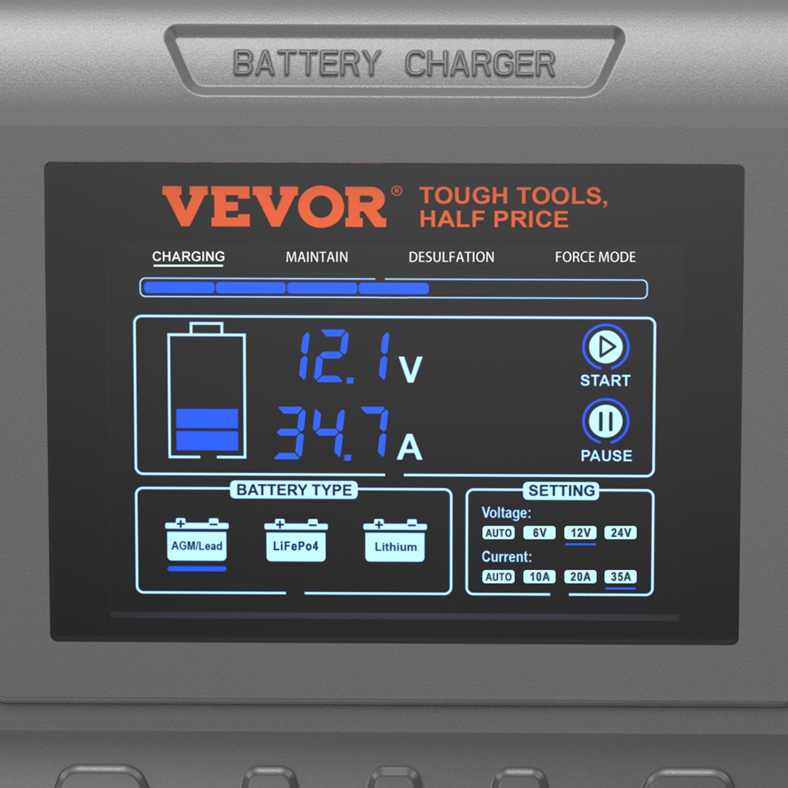 VEVOR Smart Battery Charger display showing charge level and settings for battery types.
