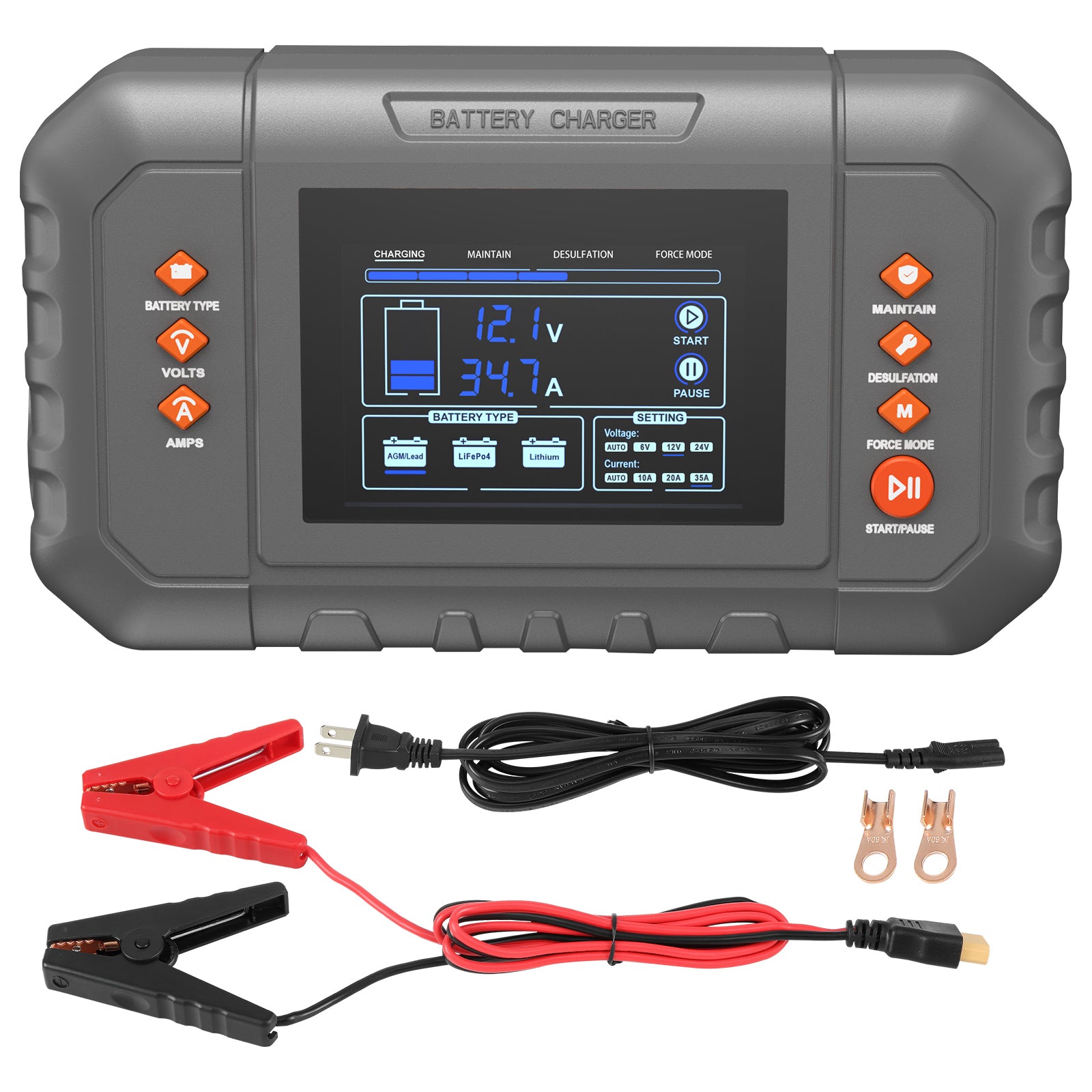 VEVOR Smart Battery Charger with digital display, clips, and cables for 35-Amp Lithium and Lead-Acid batteries.