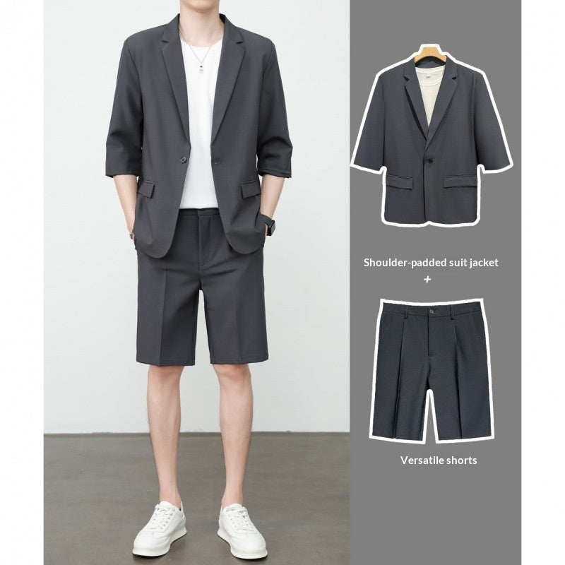 Thin Short-Sleeve Suit Mens Casual Cropped-Sleeve Jacket Half-Sleeve Suit Set