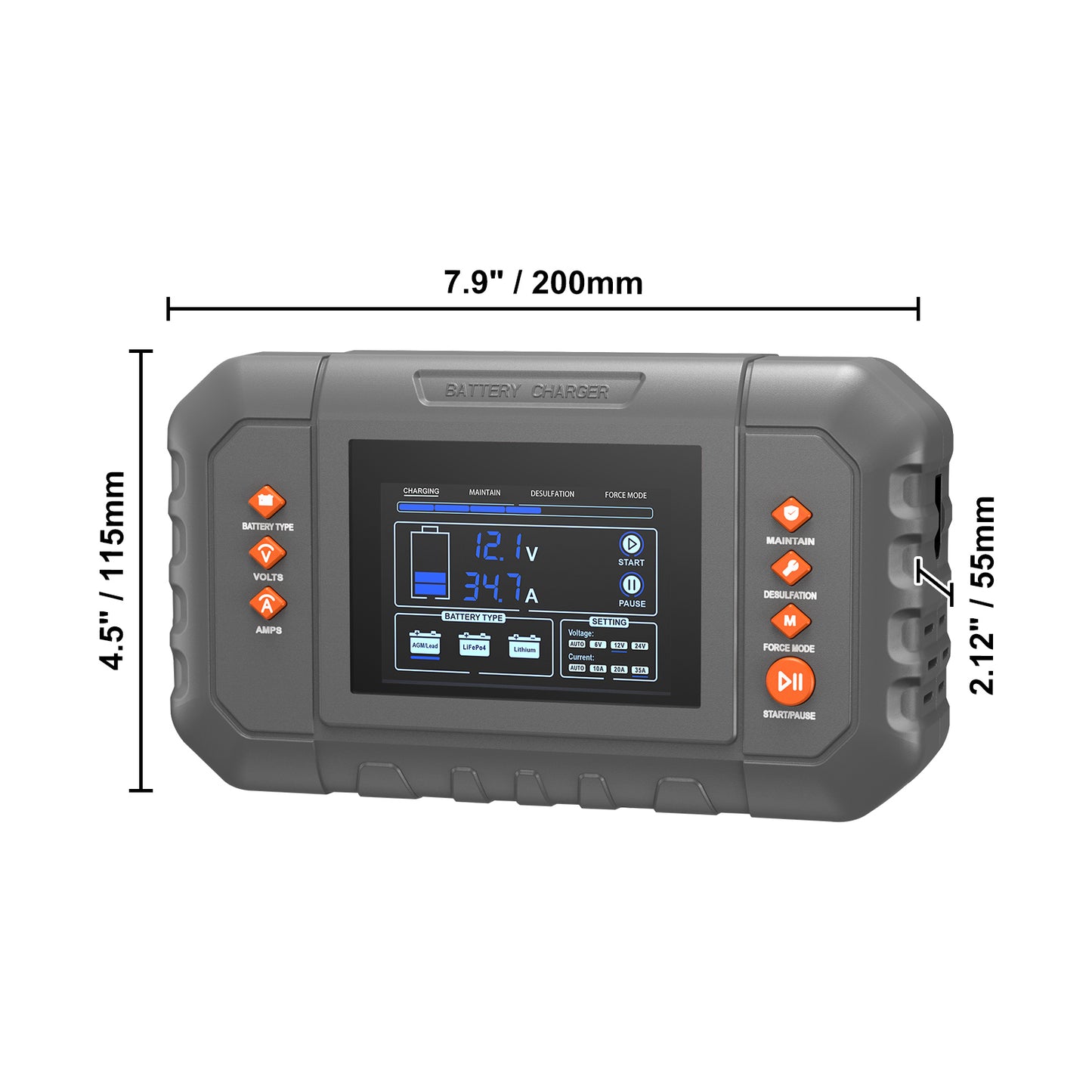 VEVOR Smart Battery Charger displaying digital screen for monitoring voltage and charging settings