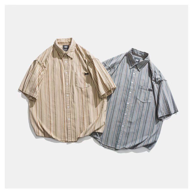 Japanese Style Striped Vintage Short Sleeve Shirt For Men