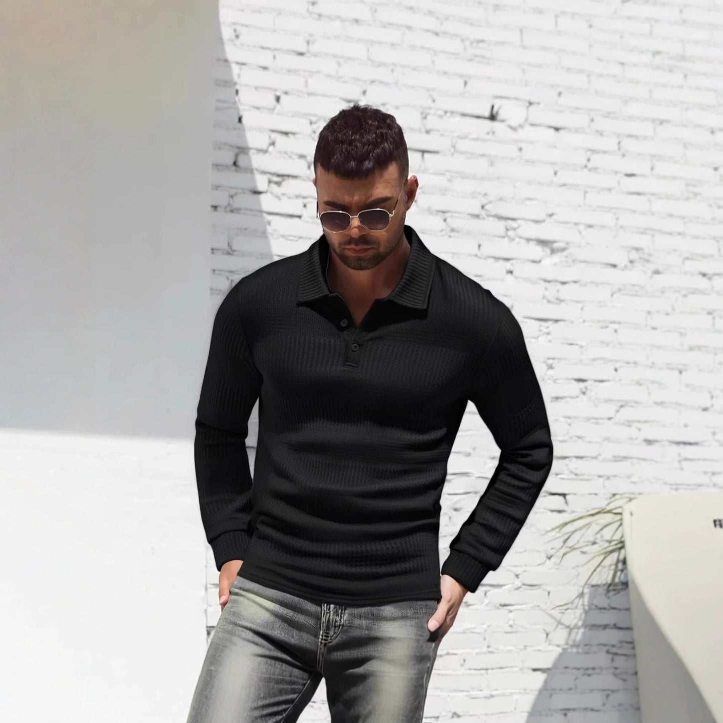 Long-sleeve Buttoned Textured Lapel Top