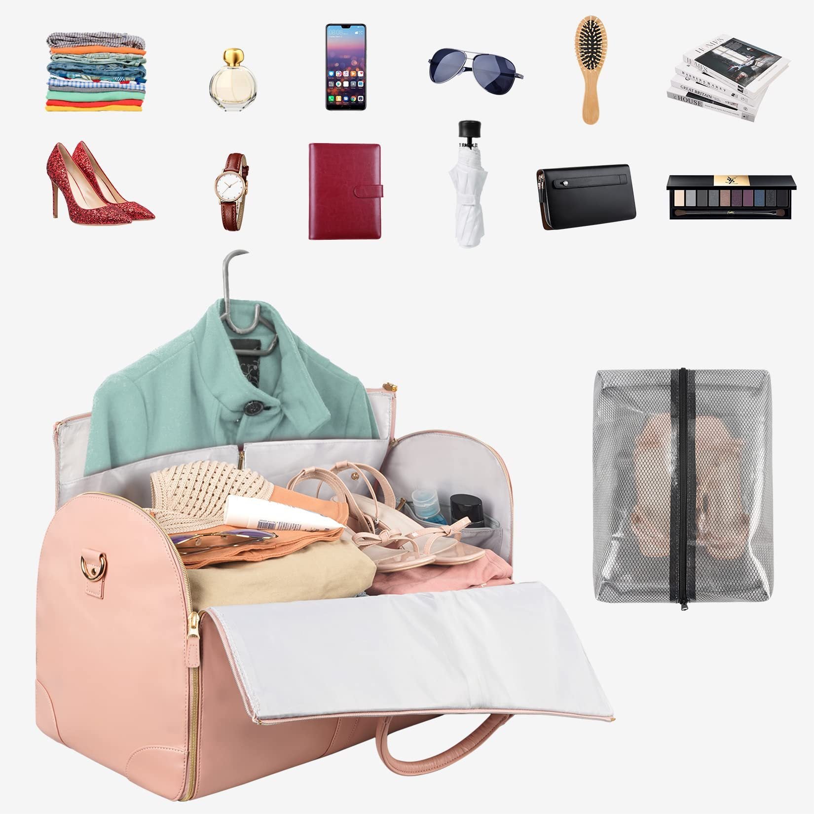 Large Capacity Travel Duffle Bag Women's Handbag shown filled with clothing and travel items for stylish trips.