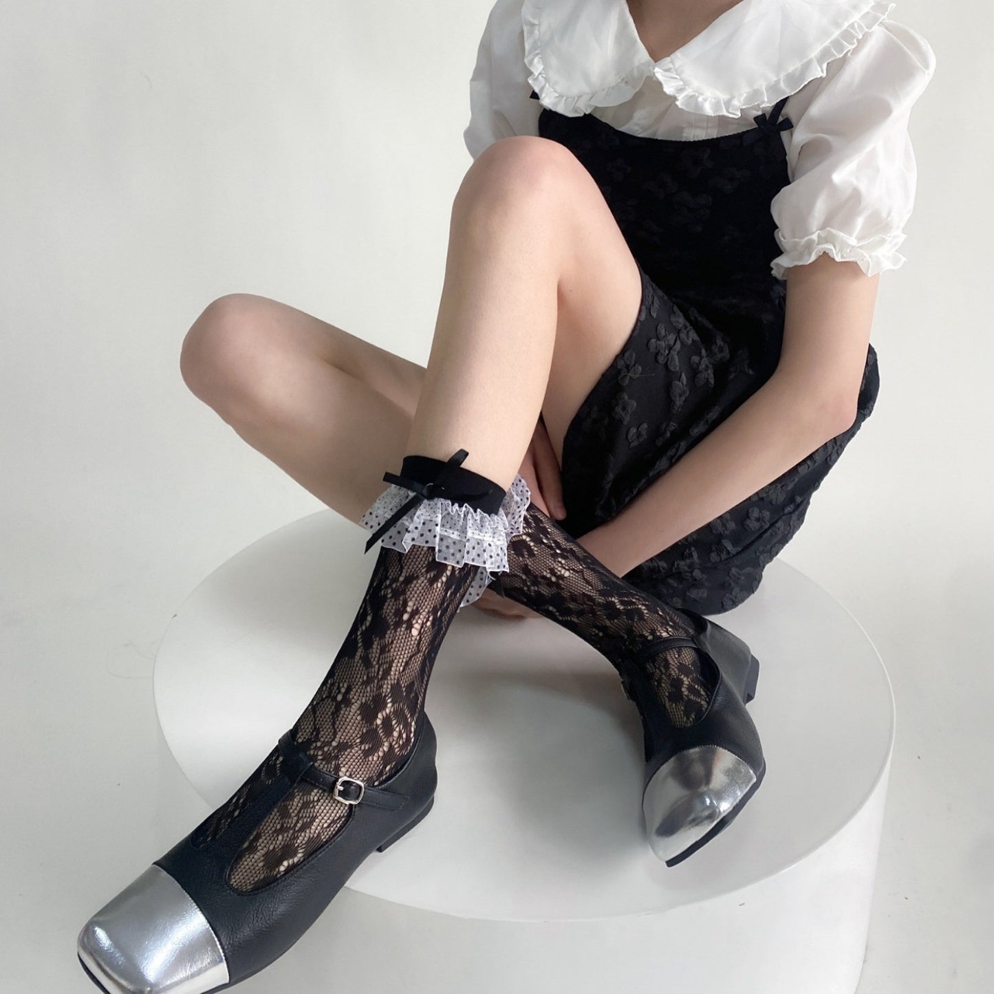 Spring And Summer Rose Jacquard Polka Dot Lace Calf Socks With Bow, Mid Tube Socks With Hollow Lace For Women