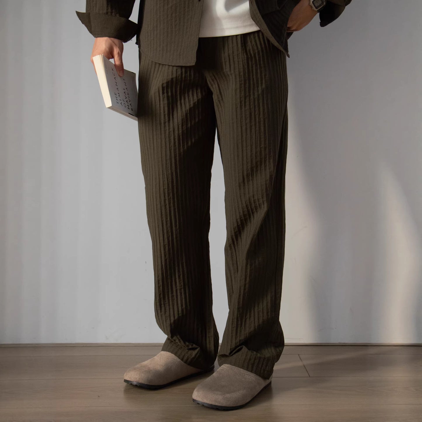 Japanese-style Wood-grain Textured Shirt Set