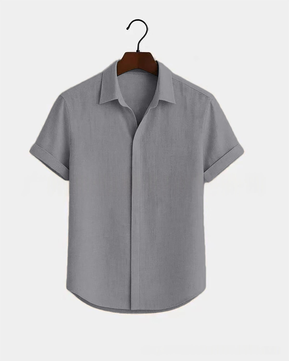 Solid-color Short-sleeve Cotton-linen Shirt For Men