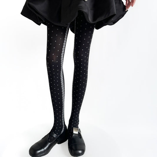 Japanese Side Lace Jacquard Polka Dot Pantyhose Women's Slimming Polka Dot Leggings Retro Style Stockings