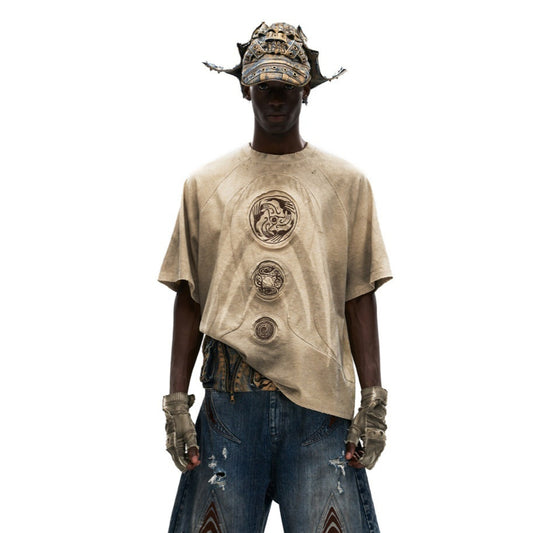 Casual Embroidered Earth-Tone T-Shirt