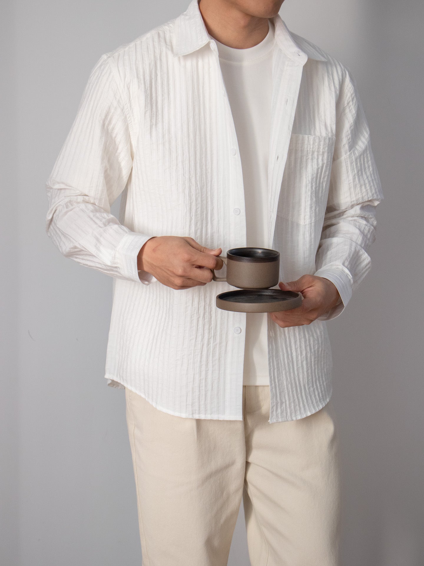 Japanese-style Wood-grain Textured Shirt Set