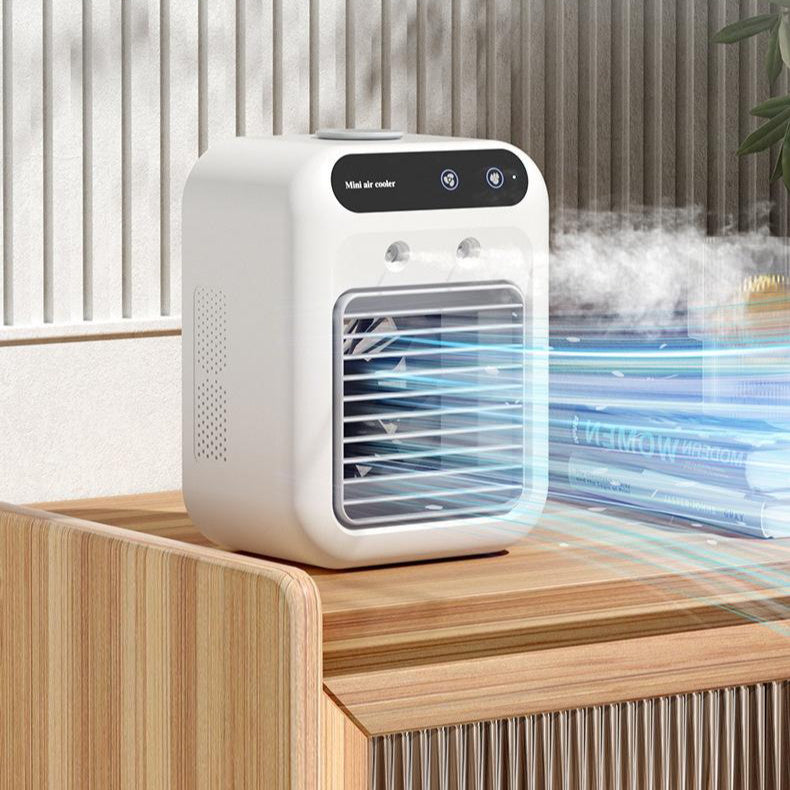 Air Conditioner Air Cooler Fan blowing cool mist in a stylish living room setting with wooden furniture.