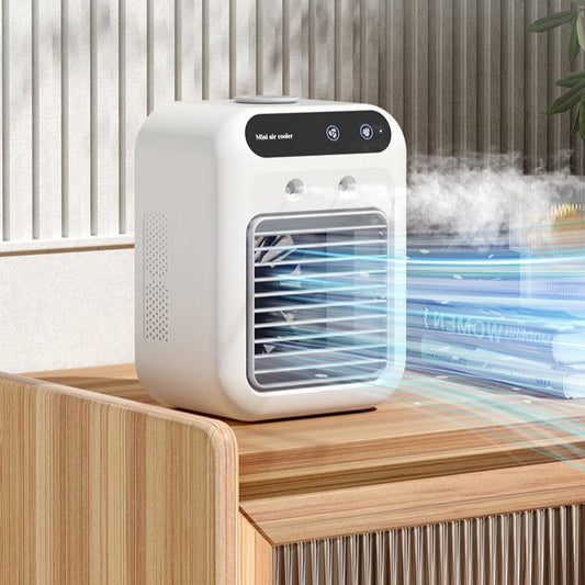 Air Conditioner Air Cooler Fan blowing cool mist in a stylish living room setting with wooden furniture.